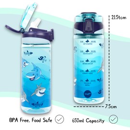 Fringoo - 650ml Kids Water Bottle - Carry Handle100% Leakproof & BPA Free Tritan Silicon Straw - Secure Flip Lock Lid, Blue Shark World Design