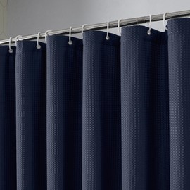 OVZME Extra Long Shower Curtain Set- 96 Inch Long Waffle Weave Heavy Duty Fabric Shower Curtains for Bathroom, Luxury Heavy Duty Thick Cloth Shower Curtain with 12 Plastic Hooks, 72x96, Navy Blue