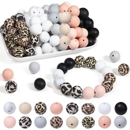 QINJIEJIE 70Pcs 15mm Silicone Beads,Silicone Beads for Keychain Making,Leopard Silicone Beads Bulk for Pens/Bracelet/Necklace Making, Focal Beads Round Silicone Beads for Crafts (Classic Leopard)