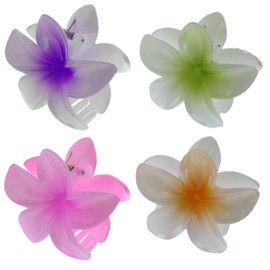 6 Pieces Large 8cm Assorted White Tone Shiny Double Sided Hawaiian Flower Hair Clamps Claw Clips - Non-slip Jaw Clips Medium Hair Clamps for Thick Curly Long Hair, Wide Grip Hair Accessories for Women