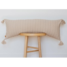 Lumi Living 100% Soft Cotton Raised Stripes Textured Rib Knit Lumbar Throw Pillow Cover with Tassels 14x36 (Neutral)