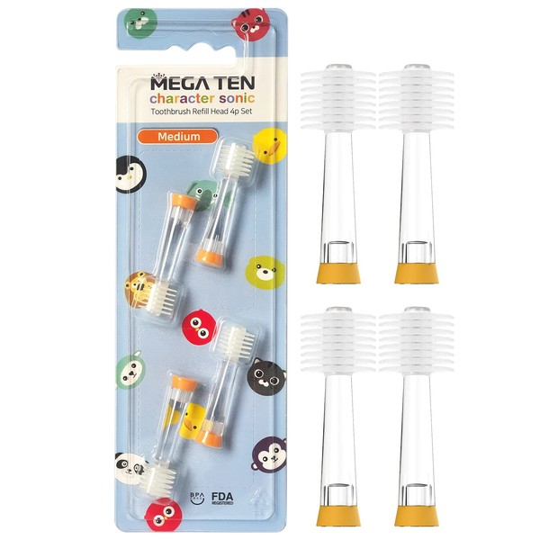 MEGATEN Kids 360 Degree Ultrasonic Electric Toothbrush Refill Brush Head - Soft Microfiber Bristles - BPA Free - Over 48months, Medium 4ea