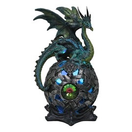 Ebros Elemental Medieval Emerald Earth Green Dragon Perching On Color Changing LED Gyrosphere Orb Night Light FIgurine Home Decor Dungeons and Dragons