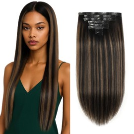 Lacer Real Remy Thick Yaki Clip in Hair Extensions Human Hair, Balayage Natural Black to Chestnut Brown Yaki Straight Human Hair Clip ins for African American Black Women 7 Pieces 115G 18inch