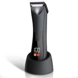 SkelEduPro Groin Hair Trimmer - Electric Manscape Trimmer for Men, Waterproof Ball Trimmer for Pubic/Body/Groin Grooming with Ceramic Blade, LED Light, Charging Base - Black