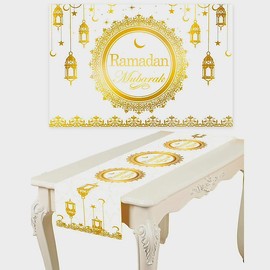 Ramadan Eid Mubarak Backrop Table Runner Tableware Set - Cups, Plates and Napkins Eid Celebrations (White Ramadan Backdrop & Table Runner)
