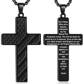 YUCSAWJK Cross Necklace Bracelet Set 26 Inch Stainless Steel Necklace Adjustable Natural Stone Bracelet Men Boys Holiday Jewelry Gift (1-Lord's Prayer)