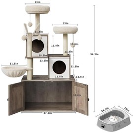 Cat Tree with Litter Box, Cat Litter Box with Sisal Scratcher and Plush Perch, Wooden Pet Furniture with Multiple Platforms, 140X78X48cm Grey
