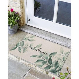 Front Door Mat Indoor Outdoor Welcome Summer Green Leaves Non-Slip Doormat Low Profile Patio Porch Entryway Rug 24x36in