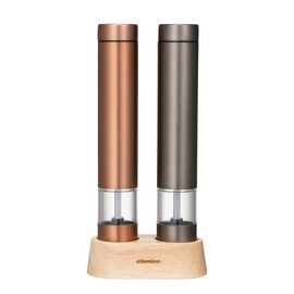 CBJAPAN Electric Mill, Salt & Pepper [Copper & Graphite Gray, Set of 2] Exclusive Wood Stand, For Rock Salt, Pepper, Spices, Adjustable Coarseness, Atomico