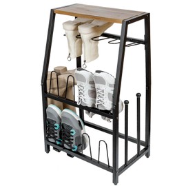 MyGift Acacia Wood & Black Metal Entryway Organizer: 2-in-1 Shoe Rack with Shelf & Boot Storage for 8 Pairs - Rustic Modern Entry Table with Adjustable Feet (Foyer/Mudroom/Garage)