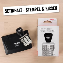 Trodat Classic Stamp Set 1010 for Daily Office Supplies - Imprint Size 26 x 4 mm, Font Height 4 mm, German, Date Stamp Including Ink Pad Black, Size 9 x 5 cm