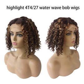 Highlights Bob Wig Human Hair Water Wave Lace Front Wigs Brown with Blonde Balayage Real Human Hair Curly Bob Wigs 10 Inch Middle Part Pre Plucked Hairline 180% Density