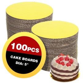 Tolare 100 Pcs 5 Inch Round Cake Boards, 0.08 Inch Thick Gold Corrugated Cardboard Cake Base Boards for Baking - Waterproof & Eco-Friendly