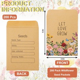 FYSUIMU 200Pcs Wildflower Seed Packets Let Love Grow Self-Adhesive Kraft Envelopes Rustic Floral Seed Storage Pockets for Garden Office Party Favors Supplies, 3.15 x 2.4 Inch