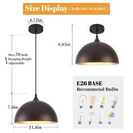 Farmhouse Pendant Light 12 Inch, Modern Pendant Lights Kitchen Island, Adjustable Height Dome Pendant Lights Fixtures for Dining Room Barn,Oil Rubbed Bronze Finish, 3 Pack