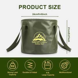 REMMUSSS 9.5L Folding Bucket, Collapsible Bucket, Lightweight Outdoor Sports Portable Multifunctional Fishing Bucket, for Camping Traveling Hiking Fishing Boating Gardening Car Washing, Green