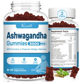 Vazatisi 2 Pack Ashwagandha Gummies 3000 mg with Turmeric GABA Energy and Immune Support, Blueberry Flavor 120 Cts
