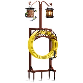 Jvgoo Garden Hose Holder - Upgraded Water Hose Holders for Outside with 5 Spikes & 2 Shepherds Hooks, Freestanding Hose Stand Hose Hanger Hose Storage Hose Reel Rack for Yard Lawn(Brown)