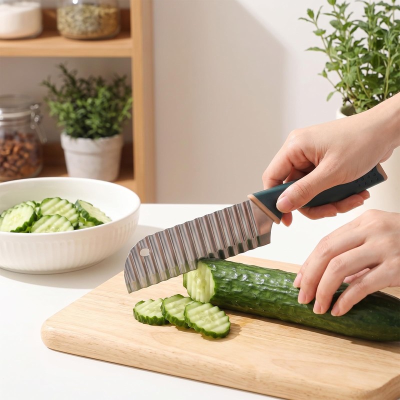 Crinkle Cutter Knife Waffle Fry Wave Slicer 8.66in Green Handle