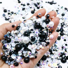 Towenm 60g Flatback Pearls and Rhinestones for Crafts, Jelly Rhinestones and Half Pearls for Tumblers Shoes, Face Nail Art, 2mm-10mm Mix Pearl Rhinestones for Bedazzling, Black|Silver|White