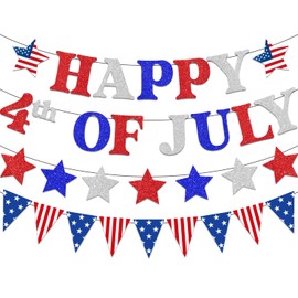 Red & Blue 4th of July Banner, NO-DIY Glitter July 4th Decorations Banner and Star Patriotic Garland, Patriotic Decorations for Independence Day, Independence Day Patriotic Party Supplies
