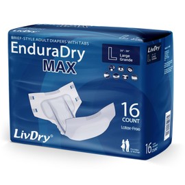 LivDry EnduraDry Max Adult Diapers with Tabs, Up to 12-Hours, Super Absorbent Incontinence Underwear, Leak Protection Briefs, Large, 16-Pack