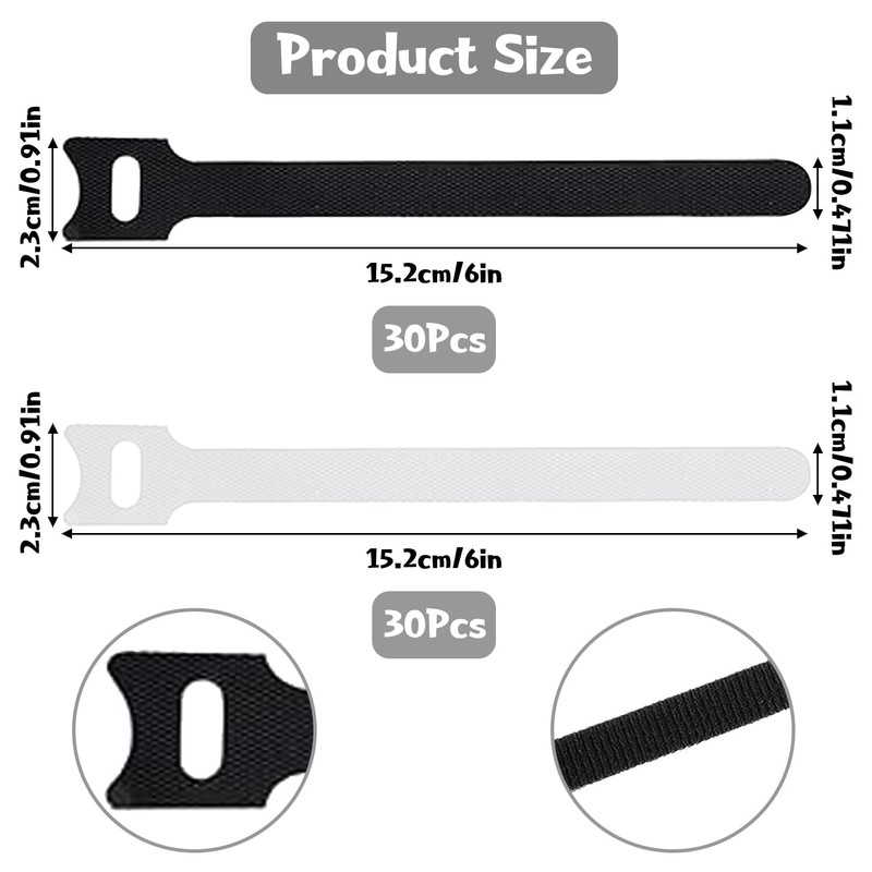 60Pcs Cable Ties Reusable Adjustable Cable Straps Hook and Loop