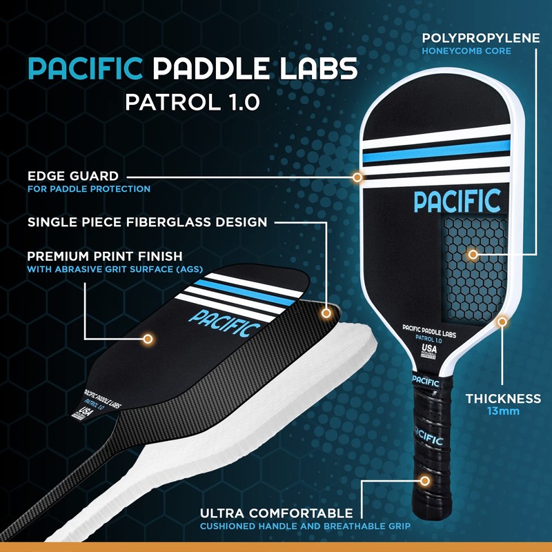 PACIFIC PADDLE LABS Patrol 1.0 Pickleball Paddle, Fiberglass, 13MM, USAPA