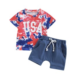 sdghg Kid Boys Independence Day Outfits Spring Summer T-Shirt + Solid Color Shorts Set Tie Dye Tops + Shirts Clothes Set (2#Blue, 6-12 Months)