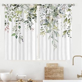 Cortinas de Cocina, Estampado Floral Cortinas de 1MX1.4M de Longitud de 2 Paneles, Cortinas Botánicas para Ventana Pequeña para Campo Lavandería Baño, 2 Paneles para Balcón (-1)