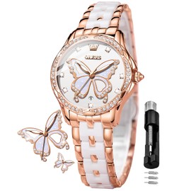 OLEVS Watches for Women Diamond Fashion Luxury Dress Rose Gold Ceramic Ladies Wrist Watches Two Tone Stainless Steel Waterproof Date