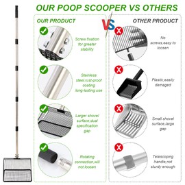 10inch Large Metal Chicken Poop Scooper, 36" to 75" Long Chicken Coop Litter Scoop with Stainless Steel Adjustable Handle, 4 in 1 Detachable Litter Sifting Shovel Scoop for Chicken Coop Accessories