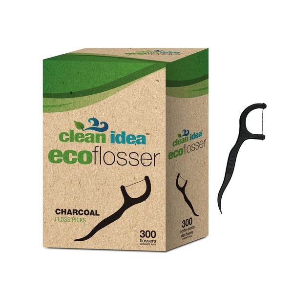 Clean Idea EcoFlosser 300 Picks - Charcoal Dental Floss Picks for Teeth Cleaning - Biodegradable Floss Picks - Dental Floss Picks - Plant Based - Vegan - Sustainable - Eco Friendly