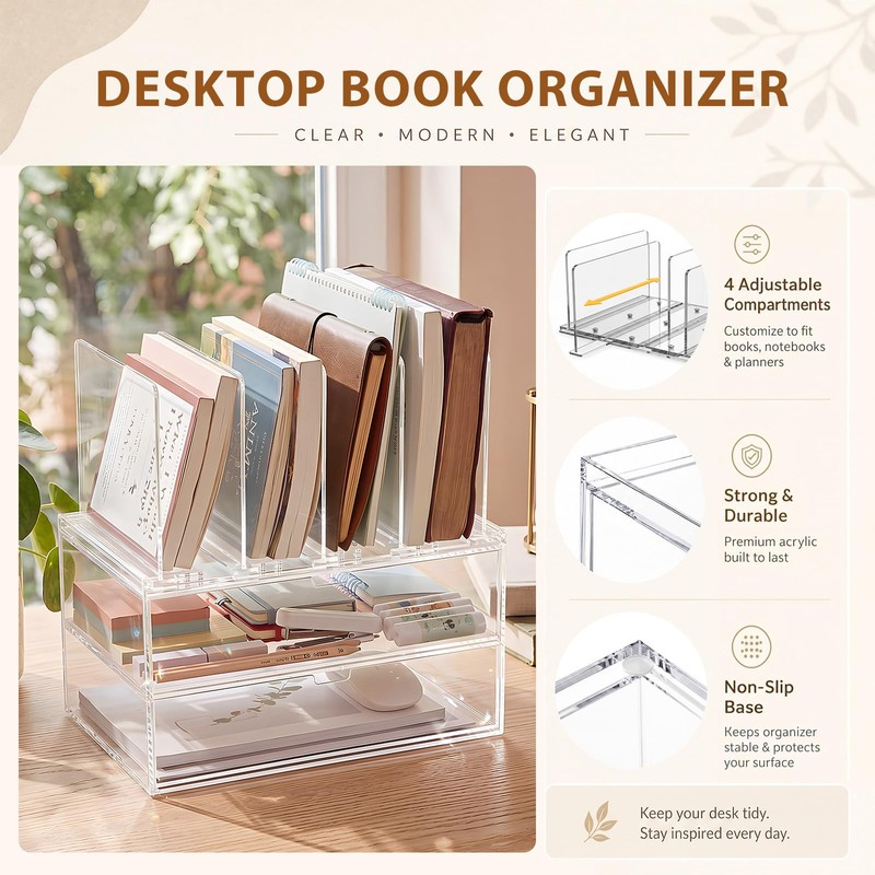 Ripeng Acrylic Desk Organizer with 2 Drawers, Vertical File Holder