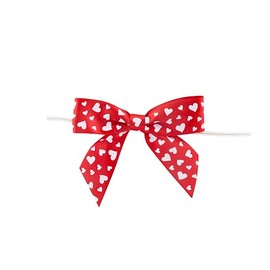 Reliant Ribbon Hearts Satin Loops X 3-1/4in Span, 2 Tails X 2in X 7/8in Ribbon Width & 5in Twist Tie Bows, Red/White