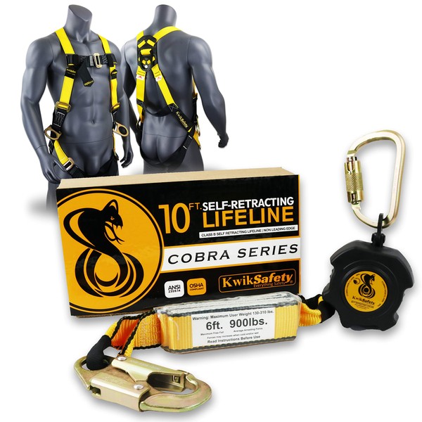 KwikSafety - Charlotte, NC - Cobra Web 10' Combo [Self Retracting Lifeline + 3 D-Ring Safety Harness] ANSI OSHA Class A Retractable SRL Fall Arrest Construction Roofing PPE Gear