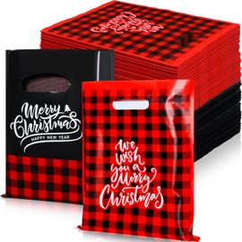Sadnyy 100 Pack Christmas Plastic Gift Bags Bulk Small Merry Christmas Shopping Bags Merchandise Thick Retail Print Party Favor Business(Plaid,9.06 x 12.2 Inches,Red, Black)