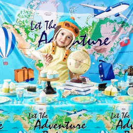 Adventure World Awaits Map Plastic Tablecloth - 1 Pack 54*108" Travel Themed Table Decorations Supplies Bon Voyage Disposable Table Cover for Baby Shower Birthday Graduation Retirement Party