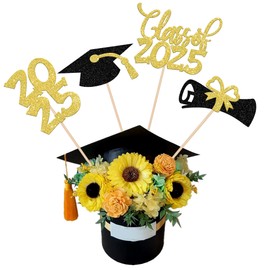 12 PCS Double Sided Glitter Class of 2025 Grad Party Centerpiece Sticks 2025 Diploma Graduation Cap Centerpieces Table Toppers for 2025 Graduation Party Flower Decorations Supplies Gold