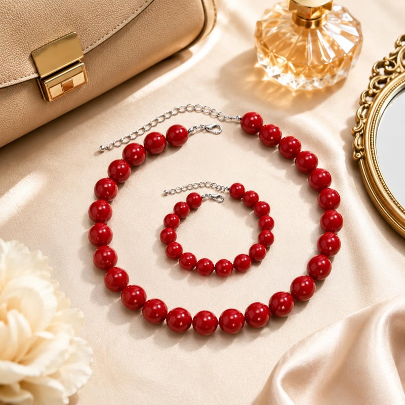 Zxcog Chunky Red Beaded Necklace for Women Adjustable 16MM Red