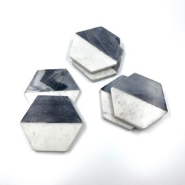 Hexagon Marble Coasters for Drinks- Set of 4 Handcrafted Luxury Aesthetic Modern Coasters- White & Grey Coasters - Real Natural Semi Absorbent Stone Coasters for Your Beverages & Wine/Bar.