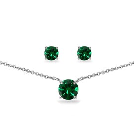 B. BRILLIANT Sterling Silver Simulated Emerald Round Solitaire Choker Necklace & Stud Earrings Jewelry Set