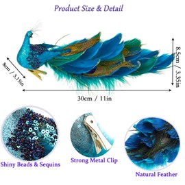 Glitter Blue Peacock Christmas Tree Ornaments with Clips 11inch Feathered Turquoise Peacock Long Tail Artificial Birds Hanging Decorations Xmas Gift Wedding Home Party Decor (2pcs, Blue)