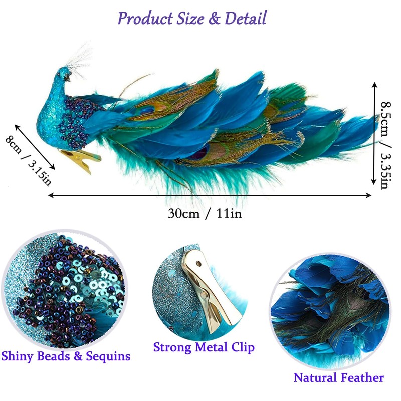 Glitter Blue Peacock Christmas Tree Ornaments with Clips 11inch Feathered