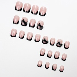 24Pcs Black French Tip Press on Nails Short Square Nail Tips Nude Fake Nails with 3D Bow Charms Stick on Nails Black False Nails French Acrylic Nails Cute Bows Glue on Nails for Women Nail Art Design