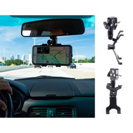 Clamptastick Universal Cell Phone Holder for Mounting On Rearview Mirror Compatible with Mobile iOS Devices, Android Smartphone GPS and More. Black Version 3