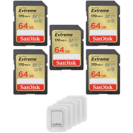 SanDisk 64GB (5 Pack) Extreme SDXC UHS-I Class 10 Memory Card 170MB/s U3, V30, 4K, SD Camera Card SDSDXV2-064G Bundle with (5) GoRAM Plastic Cases (64GB, 5 Pack)