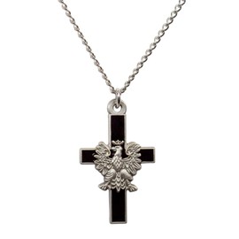 Polart, Polish Black Cross Necklace w/Silver Plated White Eagle, Crowned Pendant Necklace - Antique Inspired Detailed Chain Jewelry from Poland - Cool and Patriotic Country Necklace for Men and Women