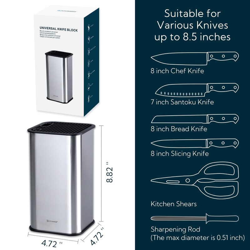 KITCHENDAO XL Stainless Steel Universal Knife Block Holder Without Knives,